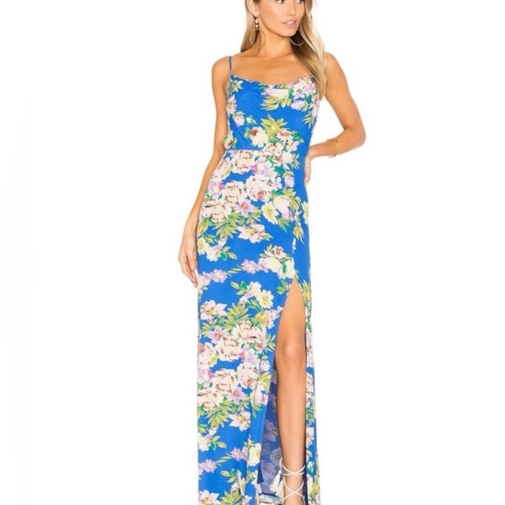 Privacy Please Royal Blue Floral Maxi Dress with Side Slit